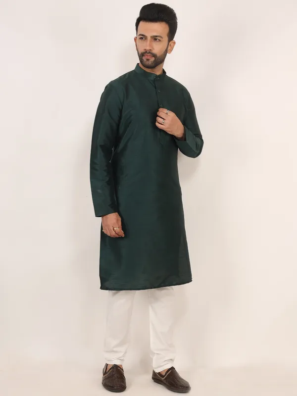 Dark_Green_Dupion_Silk_Regular_Fit_Kurta_Pajama_Set_For_Men