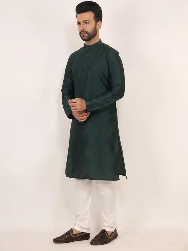 Dark_Green_Dupion_Silk_Regular_Fit_Kurta_Pajama_Set_For_Men