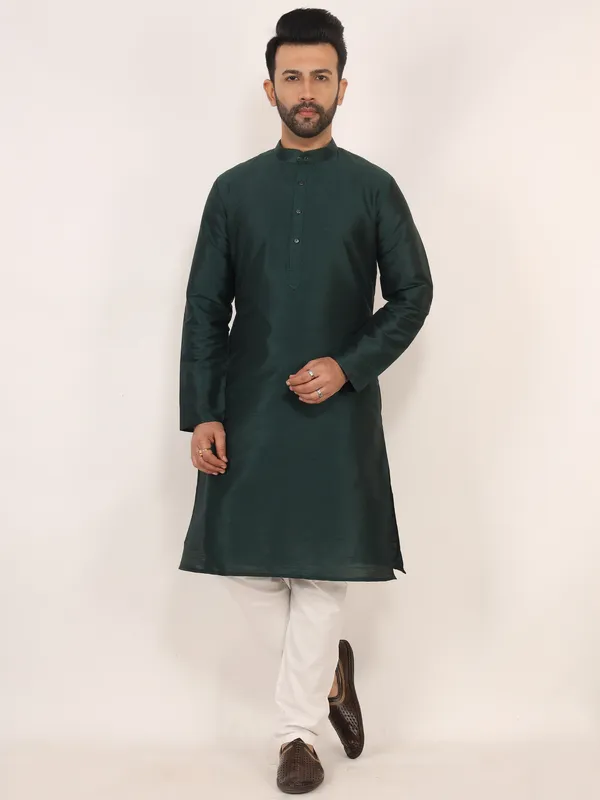 Dark_Green_Dupion_Silk_Regular_Fit_Kurta_Pajama_Set_For_Men