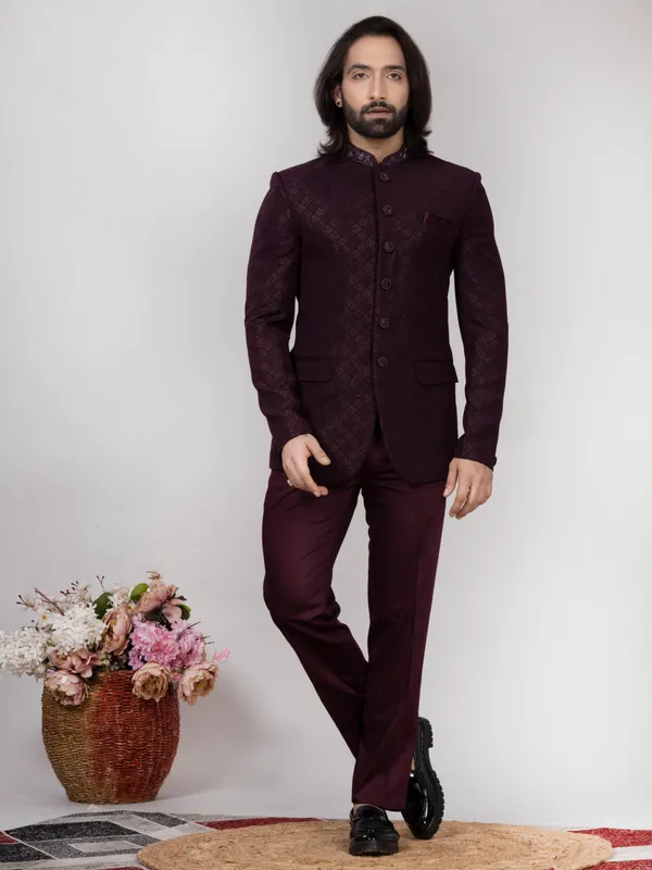 Wine_Jacquard_Regular_Fit_Jodhpuri_Suit_with_Matching_Trouser