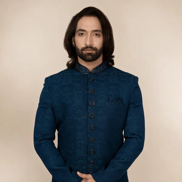 Teal_Blue_Jacquard_Regular_Fit_Indo-Western_For_Men