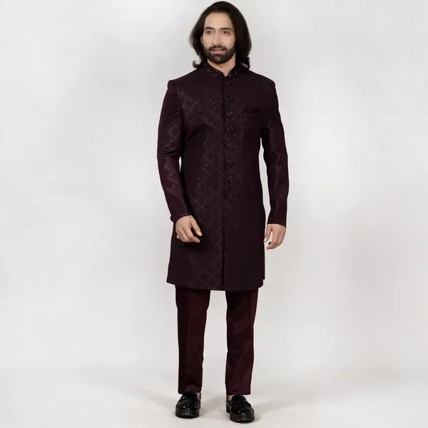 Wine_Jacquard_Regular_Fit_Sherwani_For_Men