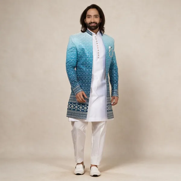 Sky_Blue_Silk_Embroidered_Regular_Fit_Indo_Western_Sherwani_Set_For_Men