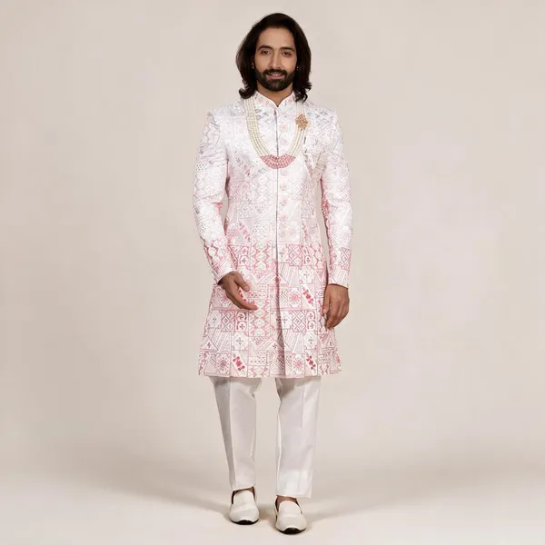 White_Silk_Regular_Fit_Embroidered_Sherwani_For_Men