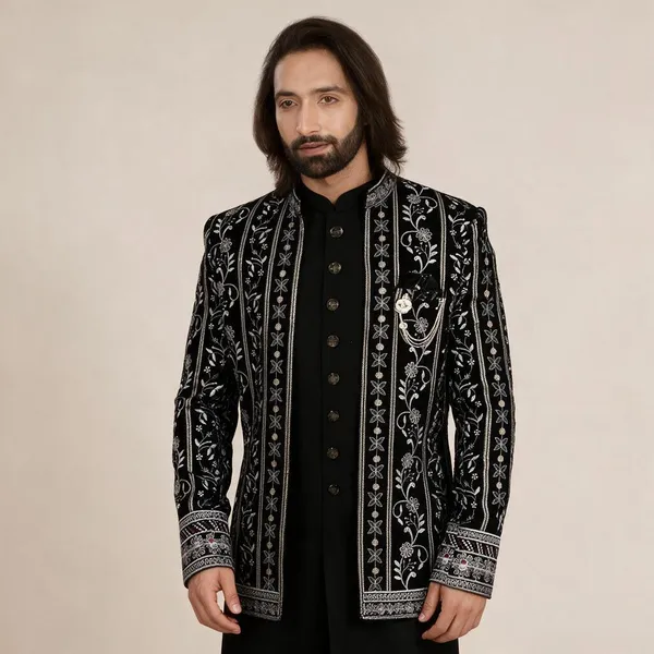 Black_Velvet_Regular_Fit_Hand_Embroidered_Sherwani_For_Men