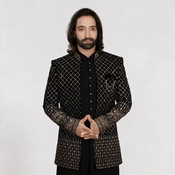 Black_Velvet_Regular_Fit_Embroidered_Indo-Western_For_Men