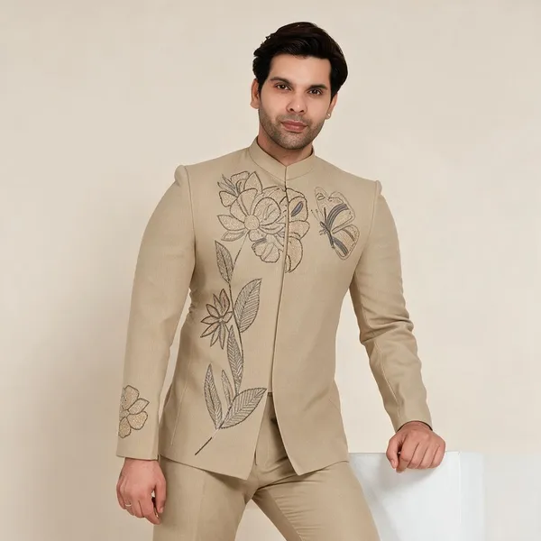 Beige_Terrycloth_Floral_Embroidered_Regular_Fit_Bandhgala_Suit_For_Men