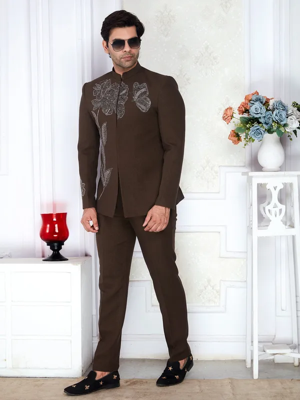 Chocolate_Brown_Embroidered_Bandhgala_Suit_for_Men