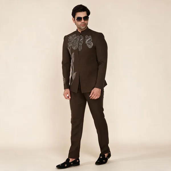 Dark_Brown_Regular_Fit_Embroidered_Bandhgala_Suit_For_Men