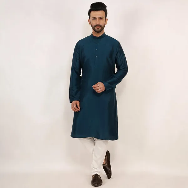 Teal_Blue_Dupion_Silk_Regular_Fit_Kurta_Pajama_Set_For_Men