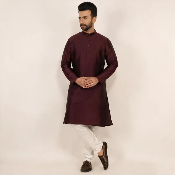 Wine_Dupion_Silk_Regular_Fit_Kurta_Pajama_Set_For_Men