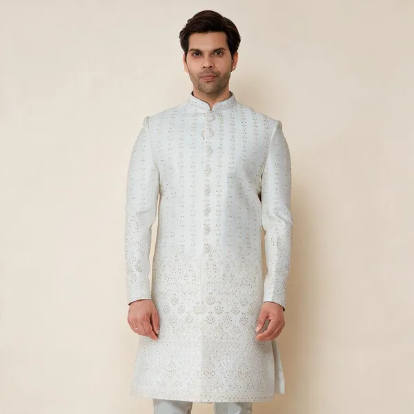 Ivory_Silk_Stone_Work_Regular_Fit_Sherwani_Set_For_Men