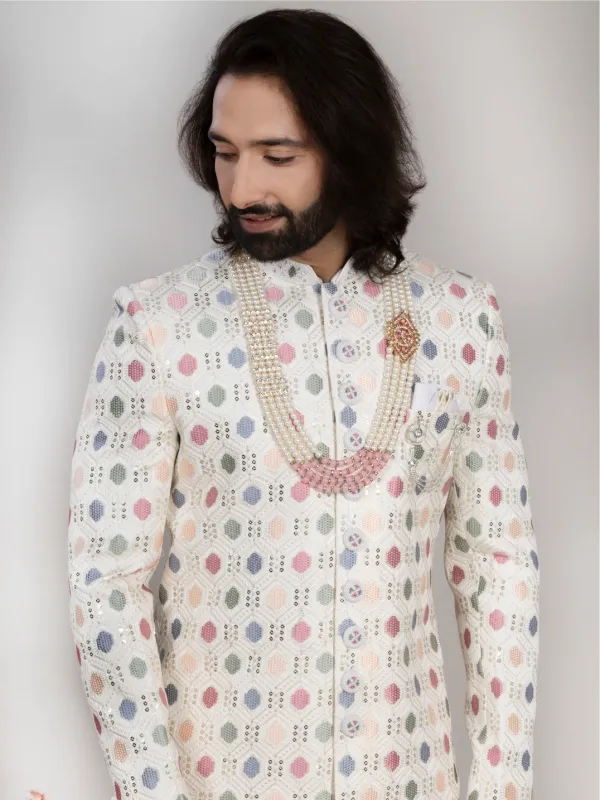 Ivory_Multicolor_Thread_Embroidered_Sherwani_Set_with_Pajama_&_Mojari_for_Men