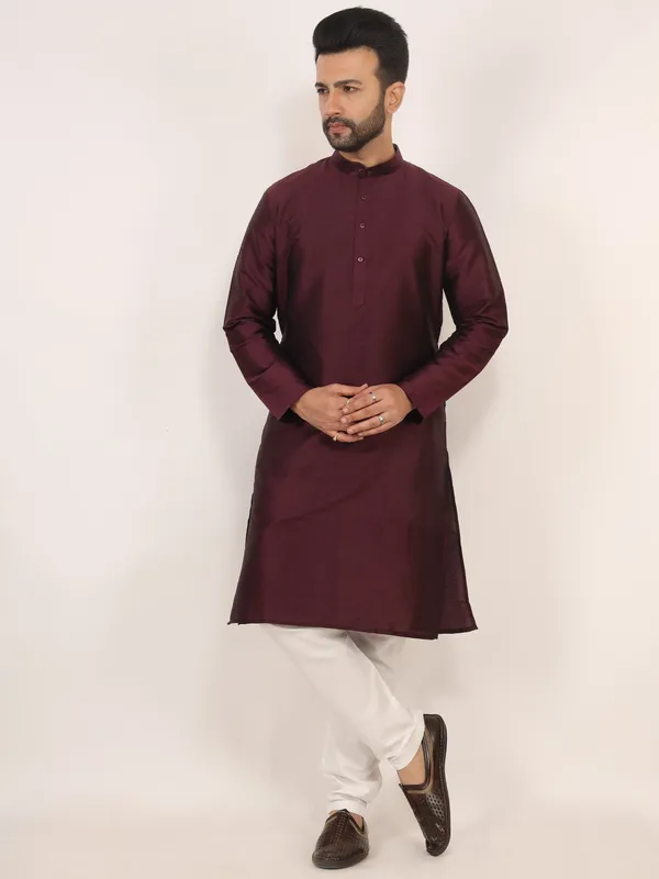 Wine_Dupion_Silk_Regular_Fit_Kurta_Pajama_Set_For_Men