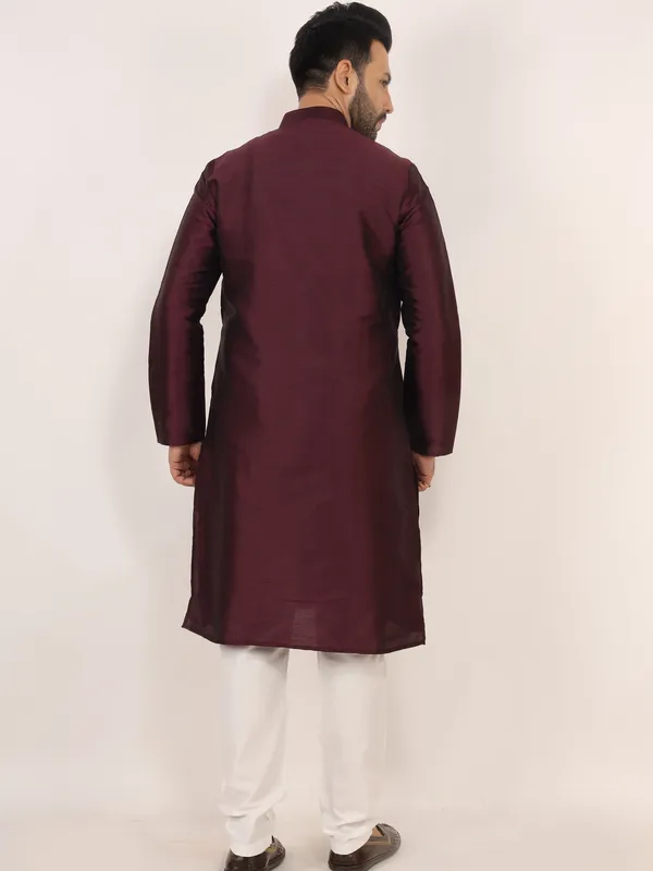 Wine_Dupion_Silk_Regular_Fit_Kurta_Pajama_Set_For_Men