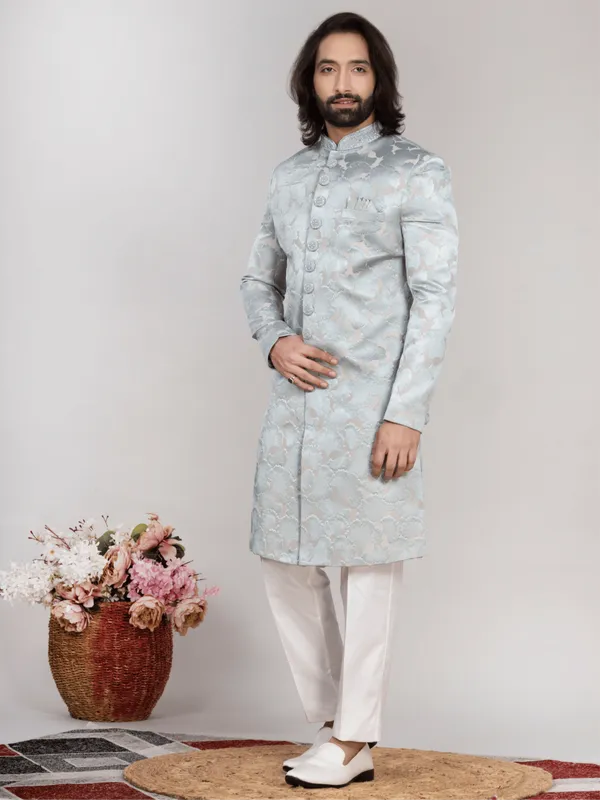 Ice_Blue_Jacquard_Regular_Fit_Sherwani