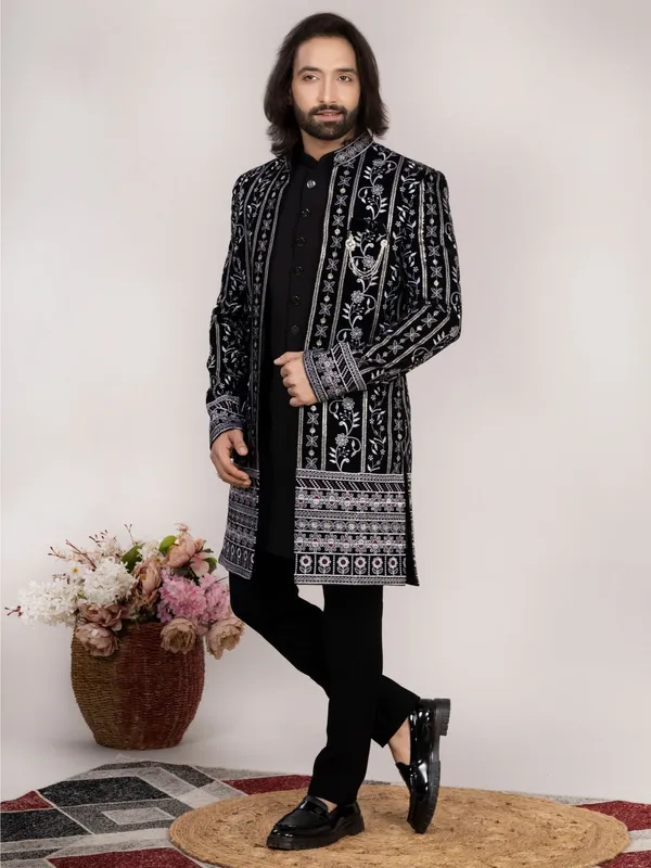 Black_Velvet_Regular_Fit_Hand_Embroidered_Sherwani_For_Men