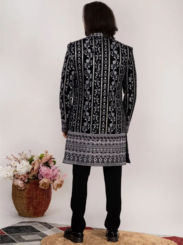 Black_Velvet_Regular_Fit_Hand_Embroidered_Sherwani_For_Men