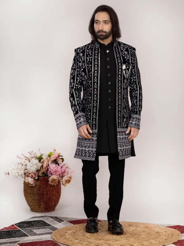 Black_Velvet_Regular_Fit_Hand_Embroidered_Sherwani_For_Men