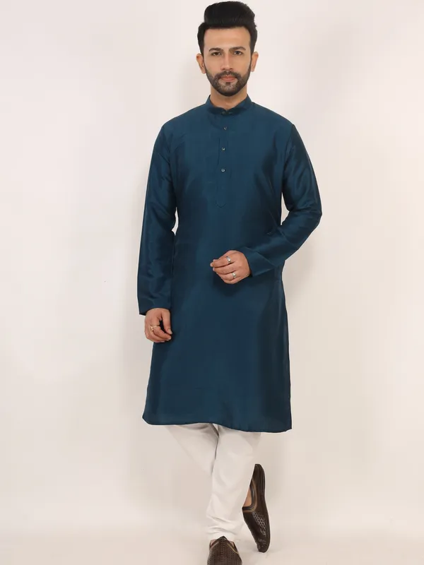 Teal_Blue_Dupion_Silk_Regular_Fit_Kurta_Pajama_Set_For_Men