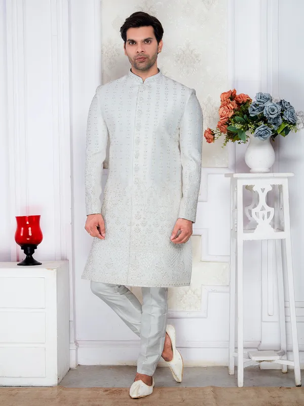 Ivory_All_Over_Stone_Work_Sherwani_Set_with_Pajama_&_Mojri_for_Men
