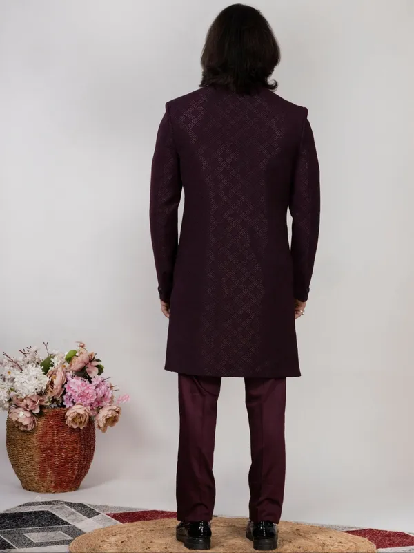 Men's_Wine_Jacquard_Sherwani_Regular_Fit_Wedding_Wear