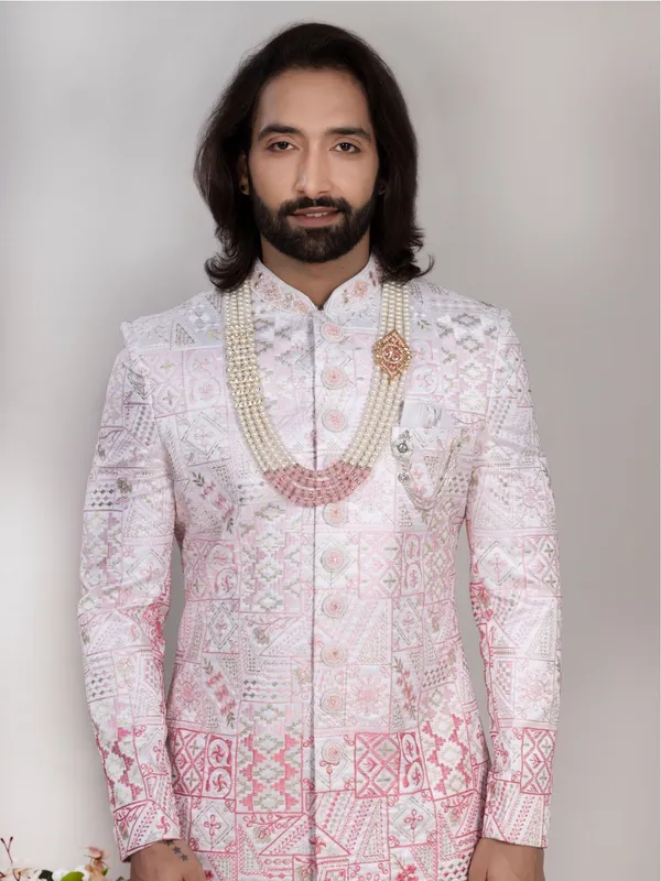 White_Silk_Regular_Fit_Embroidered_Sherwani_For_Men