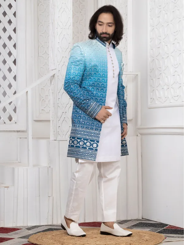 Sky_Blue_Silk_Embroidered_Regular_Fit_Indo_Western_Sherwani_Set