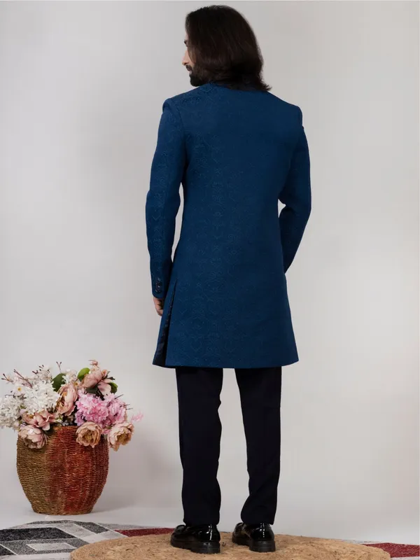 Teal_Blue_Jacquard_Regular_Fit_Indo-Western_For_Men