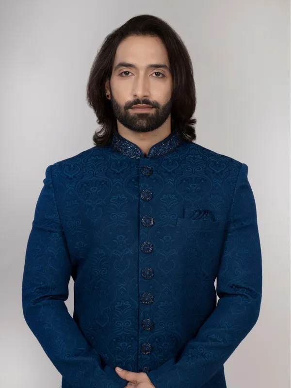 Teal_Blue_Jacquard_Regular_Fit_Indo-Western_For_Men