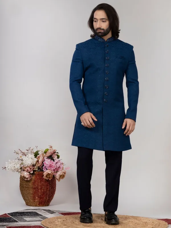 Teal_Blue_Jacquard_Regular_Fit_Indo-Western_For_Men