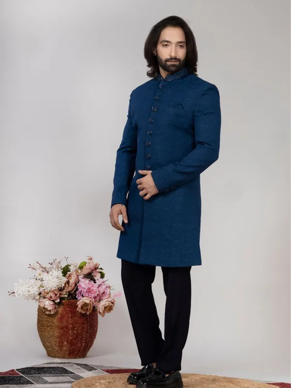 Teal_Blue_Jacquard_Regular_Fit_Indo-Western_For_Men