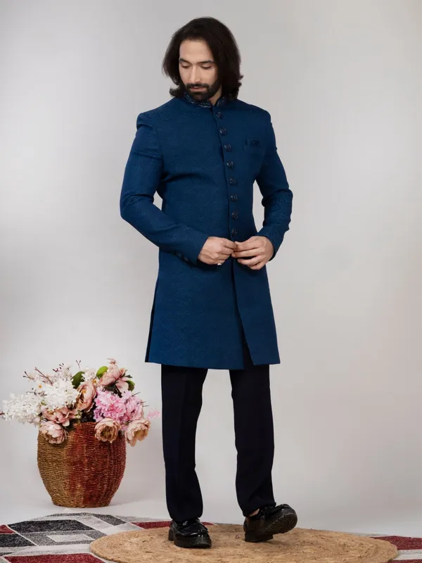 Teal_Blue_Jacquard_Regular_Fit_Indo-Western_For_Men
