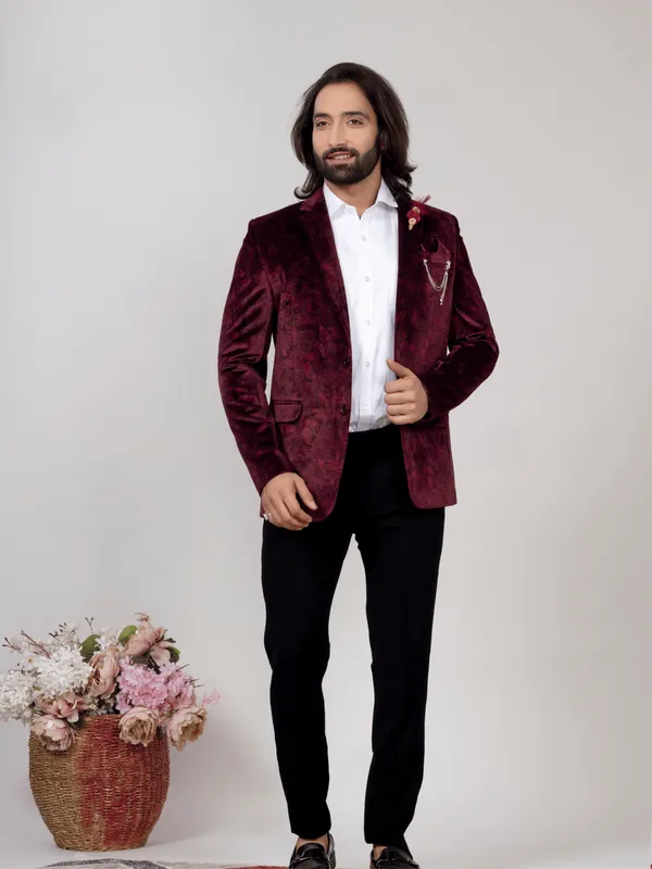 Wine_Velvet_Paisley_Jacquard_Regular_Fit_Blazer_For_Men