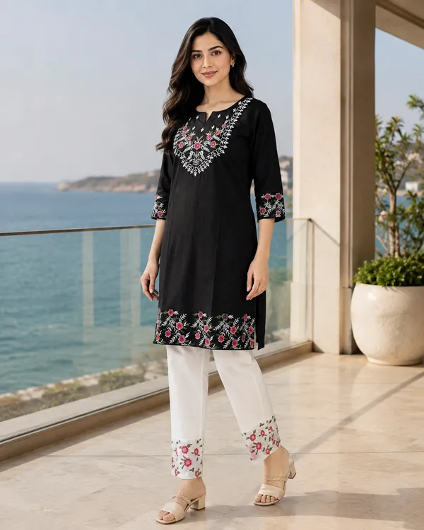 Black_Cotton_Straight_Embroidered_Kurta_Co-Ord_Set_For_Women