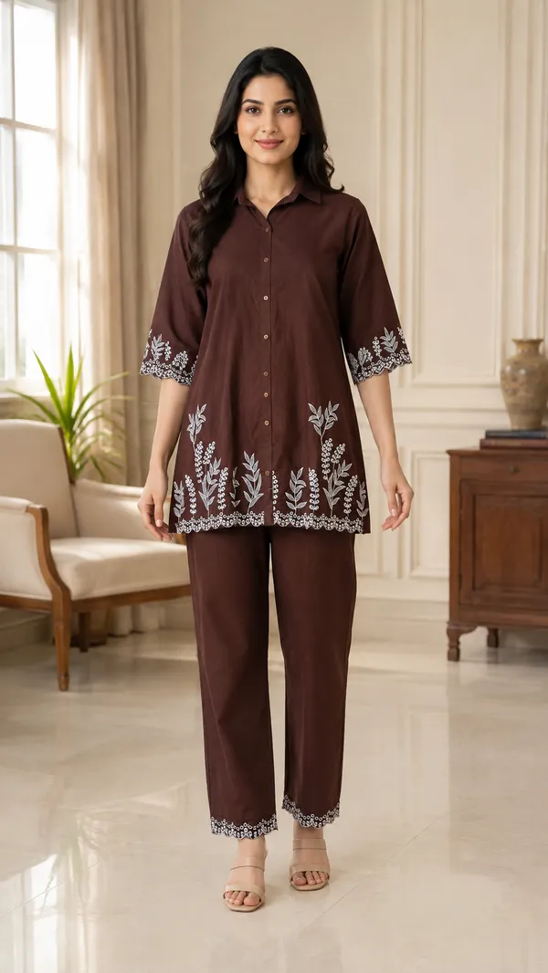 Brown_Cotton_Relaxed_Embroidered_Kurta_Co-Ord_Set_For_Women