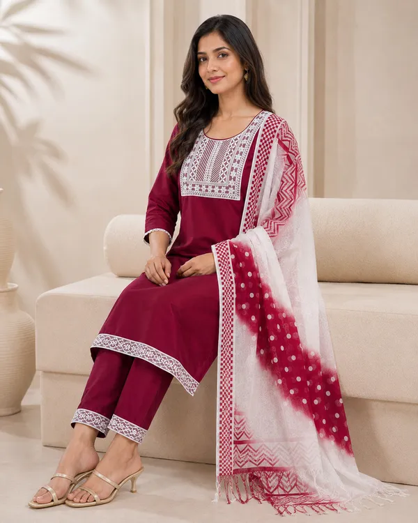 Maroon_Silk_Straight_Kurta_Set_For_Women
