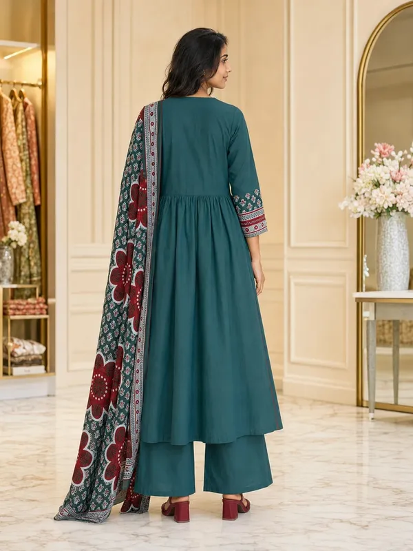 Teal_Cotton_Flared_Anarkali_Palazzo_Kurti_Set_For_Women