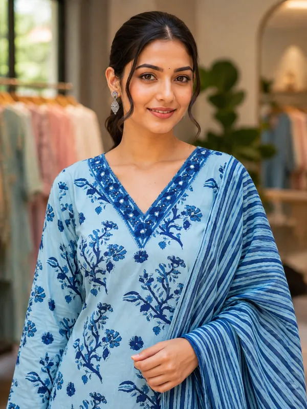 Blue_Cotton_Straight_Floral_Print_Striped_Kurti_Set_For_Women