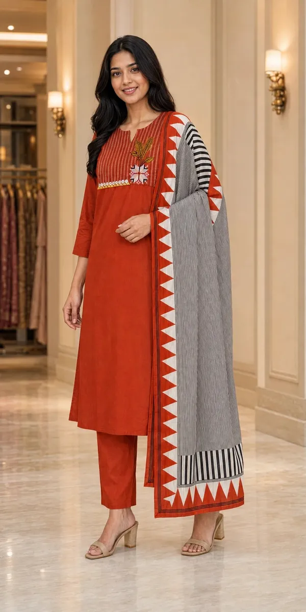 Orange_Cotton_Straight_Embroidered_Kurti_Set_For_Women