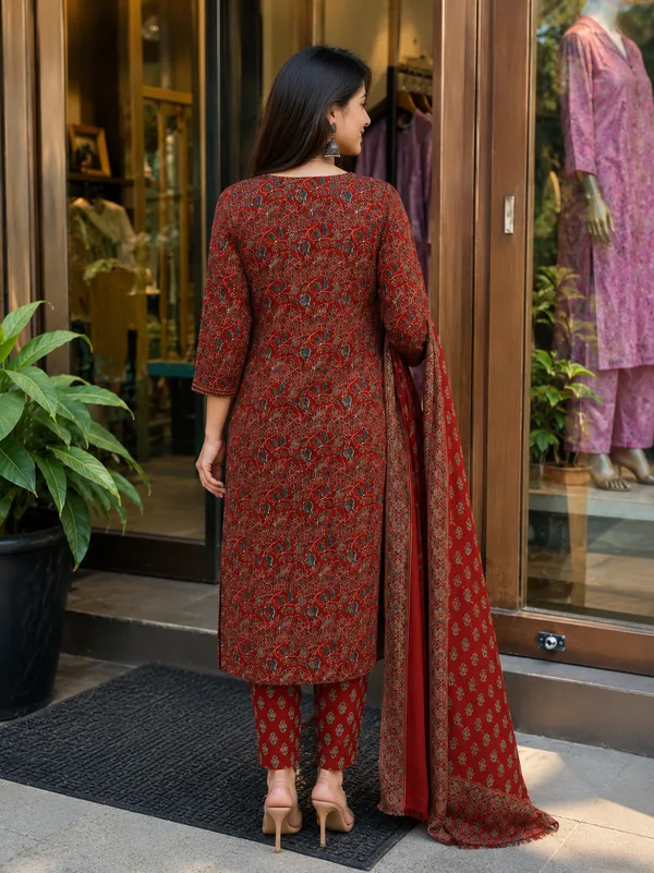 Red_Cotton_Straight_Printed_Kurti_Set_For_Women