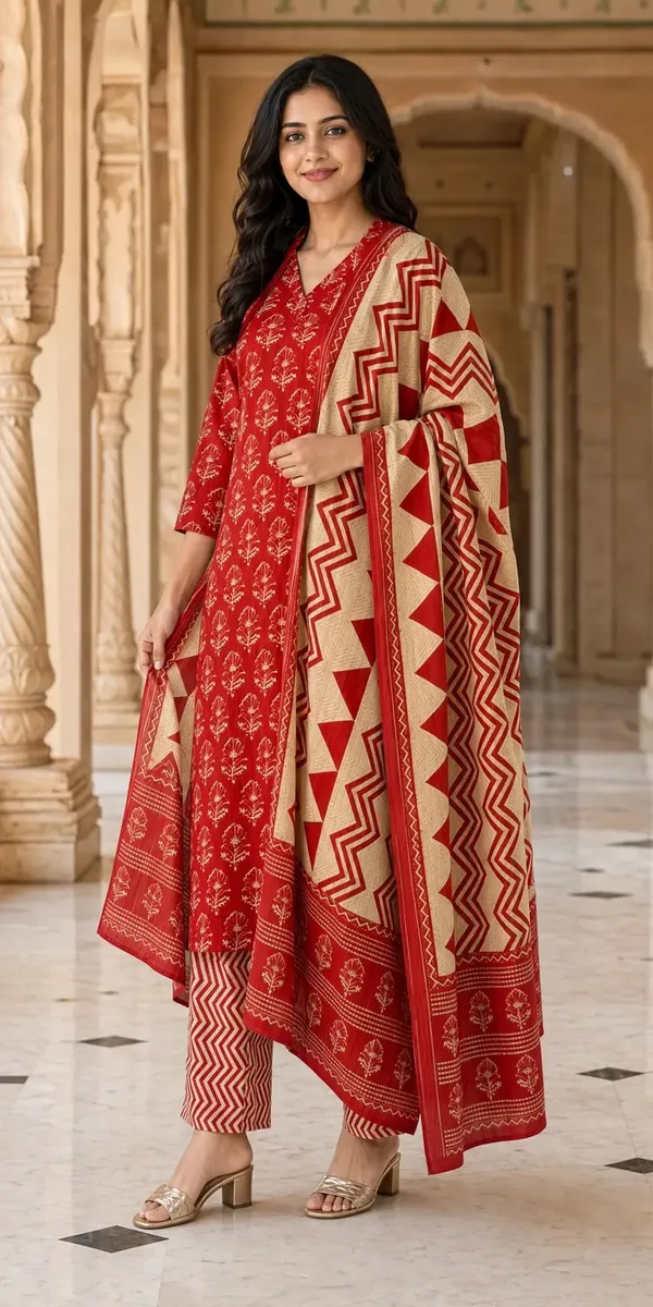 Red_Cotton_Straight_Floral_Print_Kurti_Set_For_Women