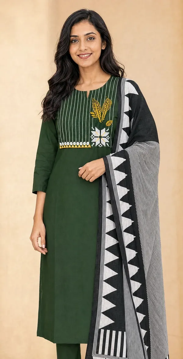 Green_Cotton_Straight_Embroidered_Kurti_Set_For_Women