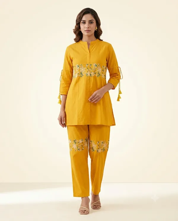 Yellow_Cotton_Straight_Embroidered_Kurta_Co-Ord_Set_For_Women