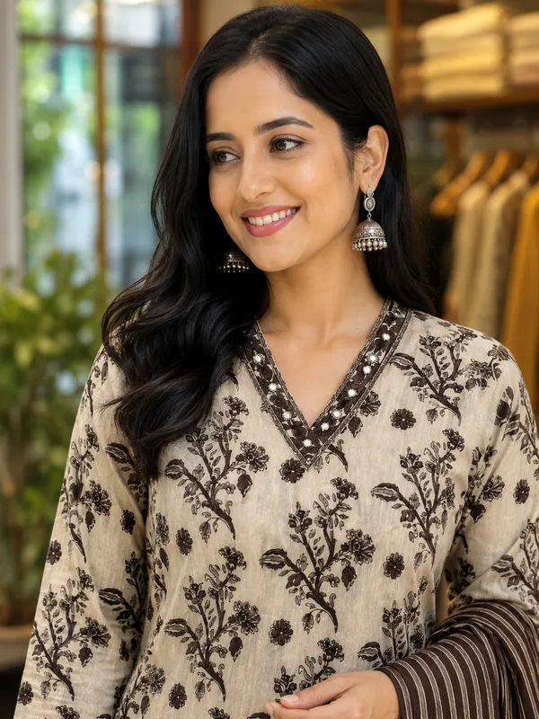 Off_White_&_Brown_Cotton_Straight_Botanical_Print_Kurti_Set_For_Women