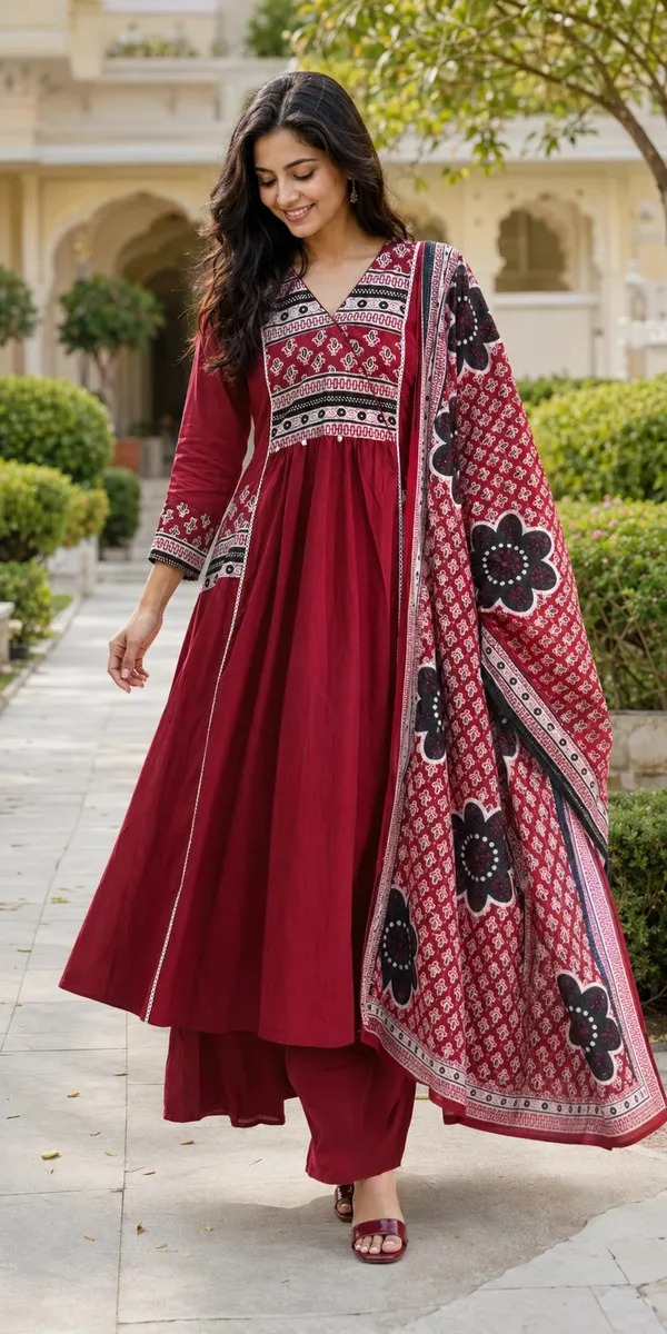 Red_Cotton_Printed_Flared_Kurti_Set_For_Women