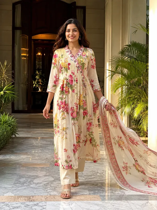 Cream_Cotton_Straight_Floral_Print_Kurti_Set_For_Women