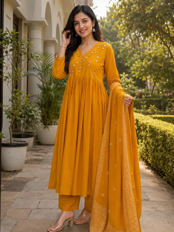 Mustard_Cotton_Flared_Anarkali_Embellished_Kurti_Set_For_Women