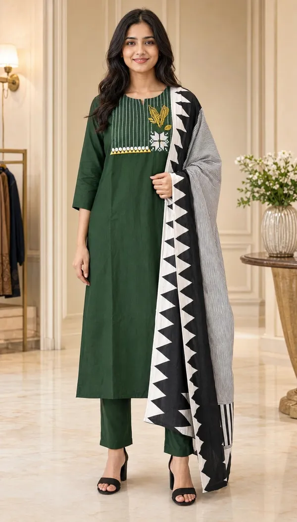 Green_Cotton_Straight_Embroidered_Kurti_Set_For_Women
