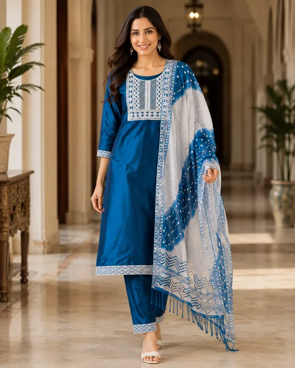 Blue_Silk_Straight_Printed_Kurta_Set_For_Women